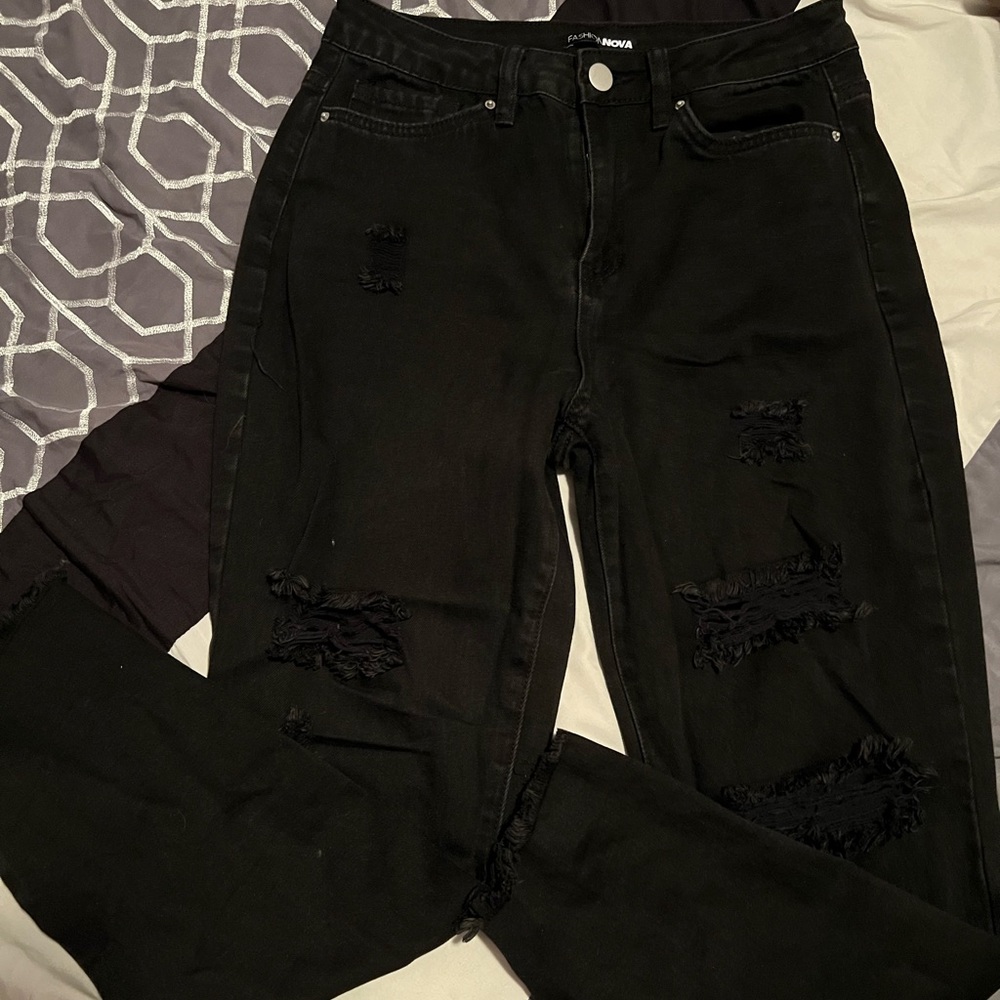 Distressed black mom jeans
